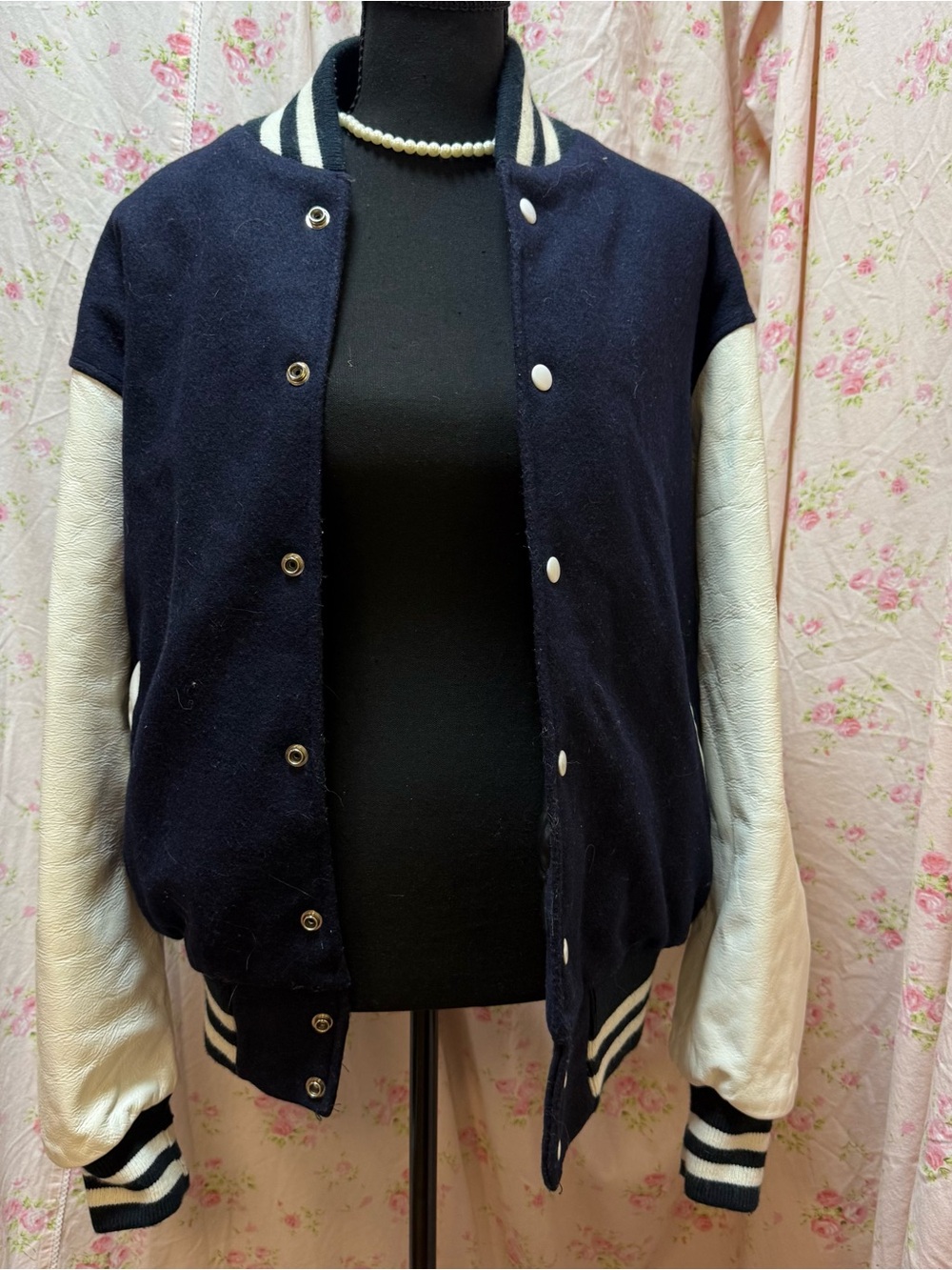 Navy and White Women's Varsity Jacket - Classic Contrast Sleeve